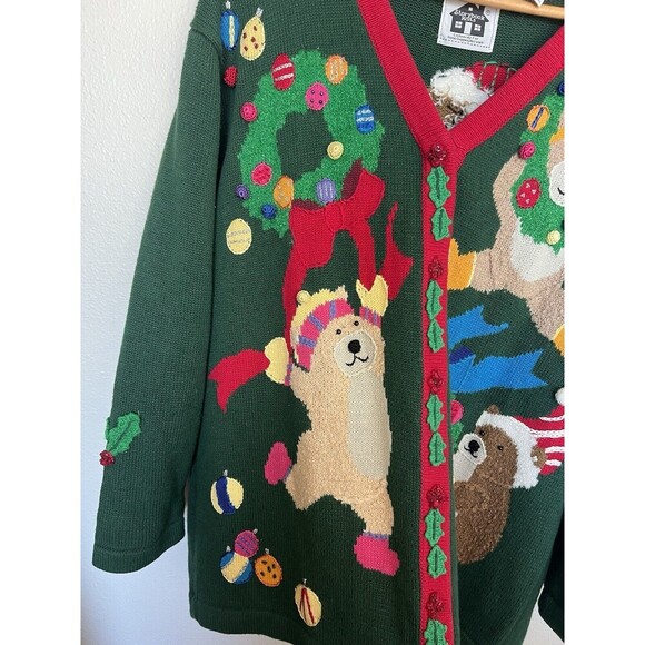 Storybook Knit VTG 3D Teddy Bear Christmas Knit Cardigan Novelty Sweater Grandma - Picture 4 of 11